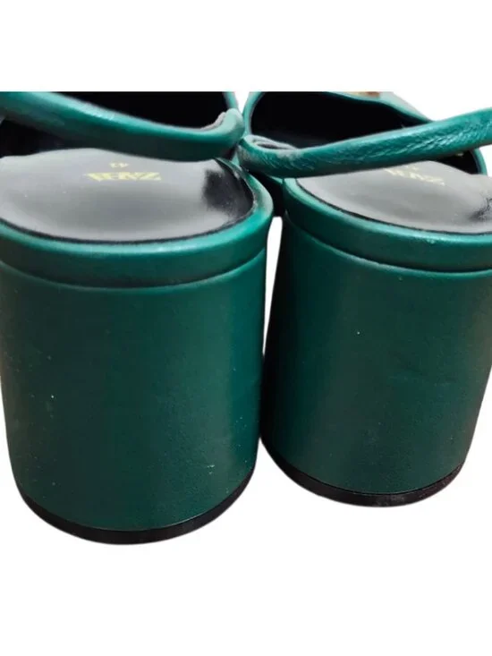 ZARA Green Leather Slingback Heels Gold Medallion Block Heel Women’s EU 41 US 10 - Picture 7 of 15